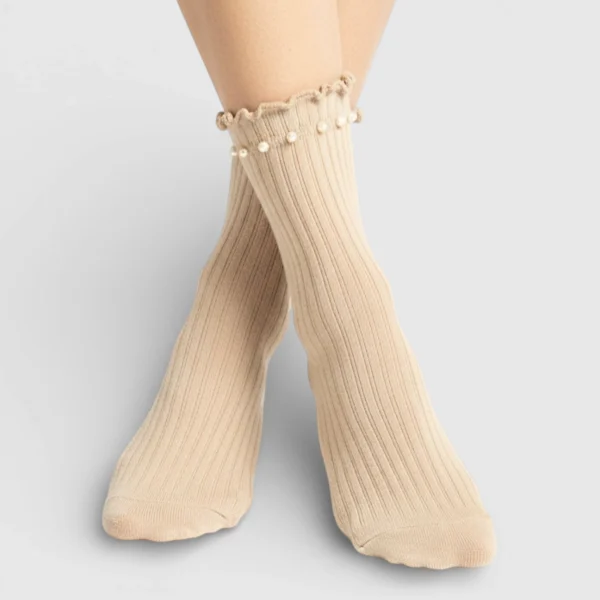 Skarpety damskie z perłami beżowe MSAY Skarpety damskie z perłami beżowe